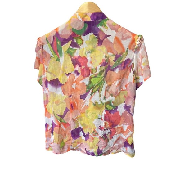 Allison Morgan Sheer Colorful Floral Short Sleeved Button Up Blouse Top Sz S - Picture 2 of 6